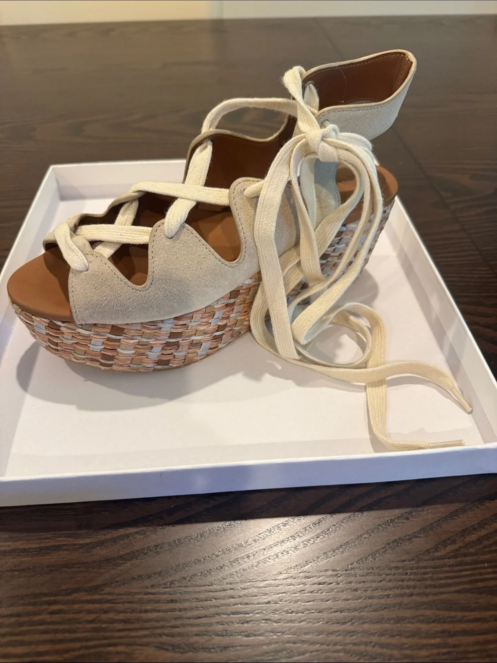 See By Chloé Cream Suede Lace-Up Woven Platform Sandals